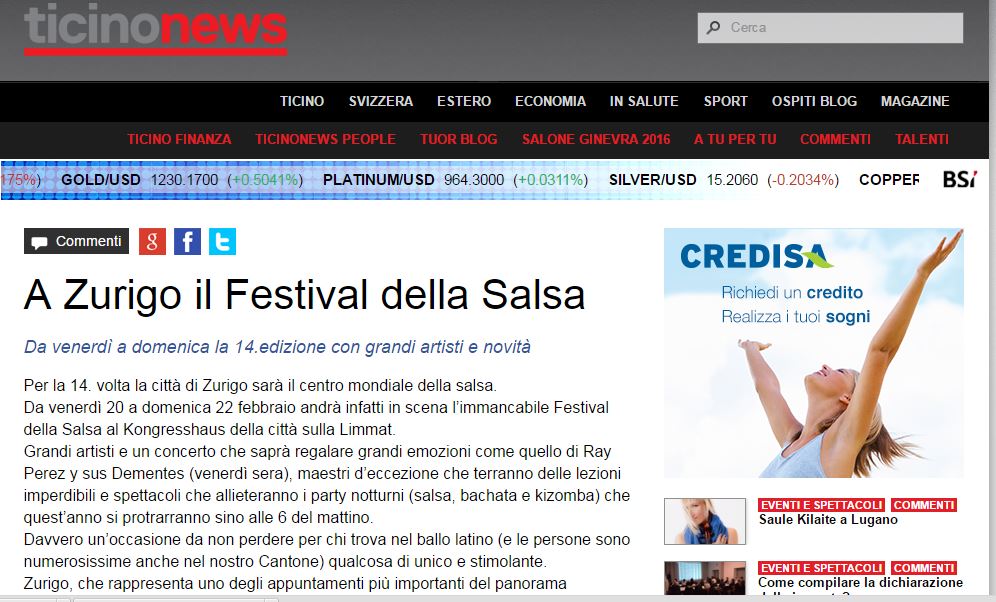 La notizia su Ray Perez pubblicata da "Ticino News".